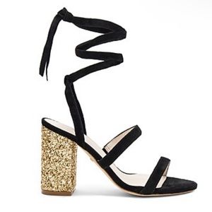 RAYE Henna Sandal in Black with Gold Glitter Heel